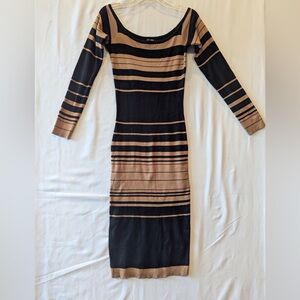 Fashion Nova Black and Tan Striped Long Sleeve Dress